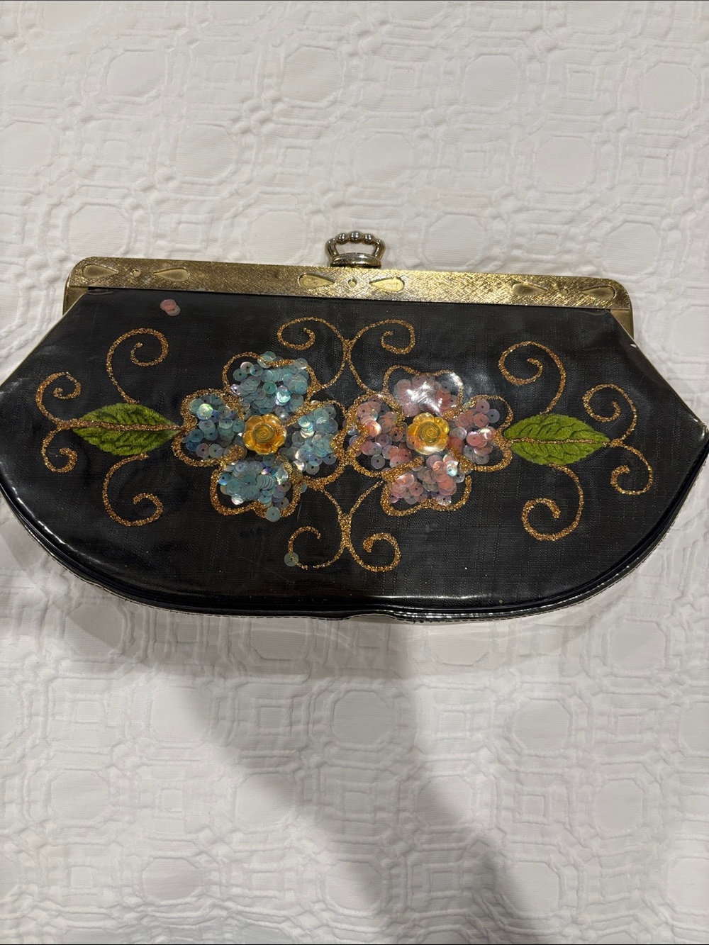 Vintage 1950s/1960s Clear Vinyl Sequin Floral Clutch “Flowers Under Glass” Style
